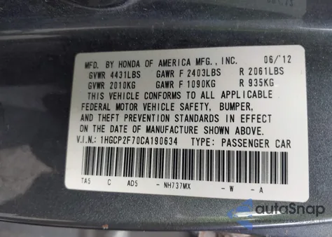 2012 Honda Accord 2.4 Ex z USA, uszkodzony, nr VIN 1HGCP2F70CA190634